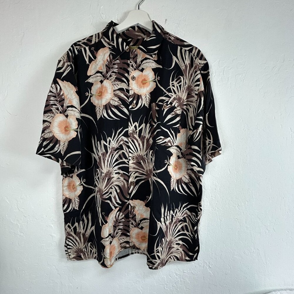 Joe Marlin Mens Black Floral Silk Button Up Short Sleeve Hawaiian Shirt Large